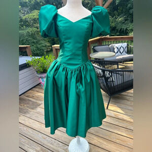 Vintage 80s 90s green Ruffle Puffy Sleve Cocktail Prom Party Dress Sz 4